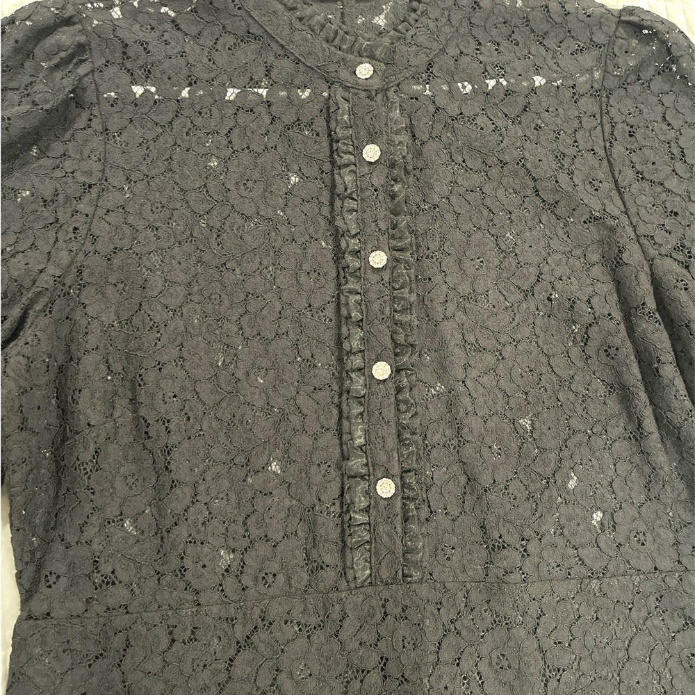 Zara Black Lace Mini Dress With Jewel Buttons Semi Sheer Puff Sleeve - Picture 5 of 9